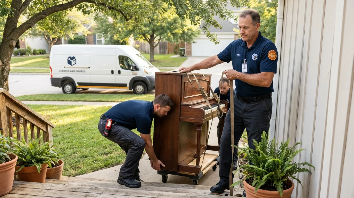 Licensed piano movers securing grand piano in Gordo, AL