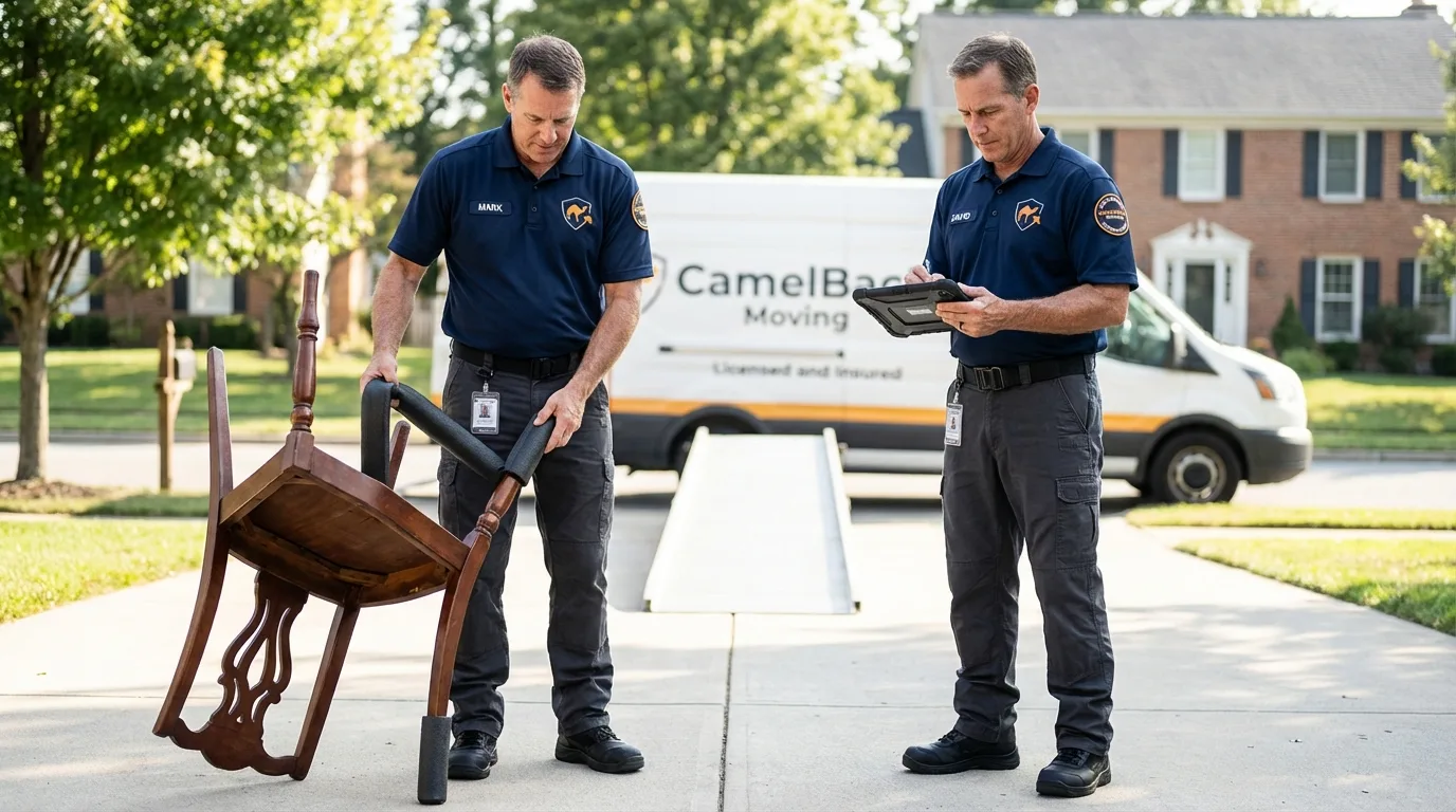 Movers inspecting furniture for damage prevention before loading in Gordo, AL